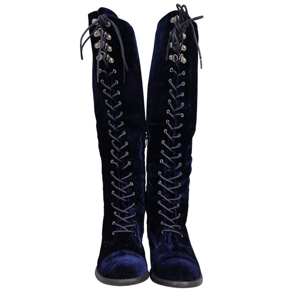 Steampunk Tall Boots Womens 7.5 Blue Jermesha Velvet Lace Up Side Zip Boots